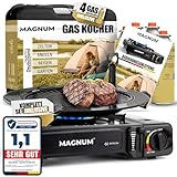 Magnum® Gaskocher mit Grillplatte inkl. 4 Gaskartuschen - robuster Campingkocher mit Gaskartusche – Gaskocher mit Kartusche 1-flammig –...